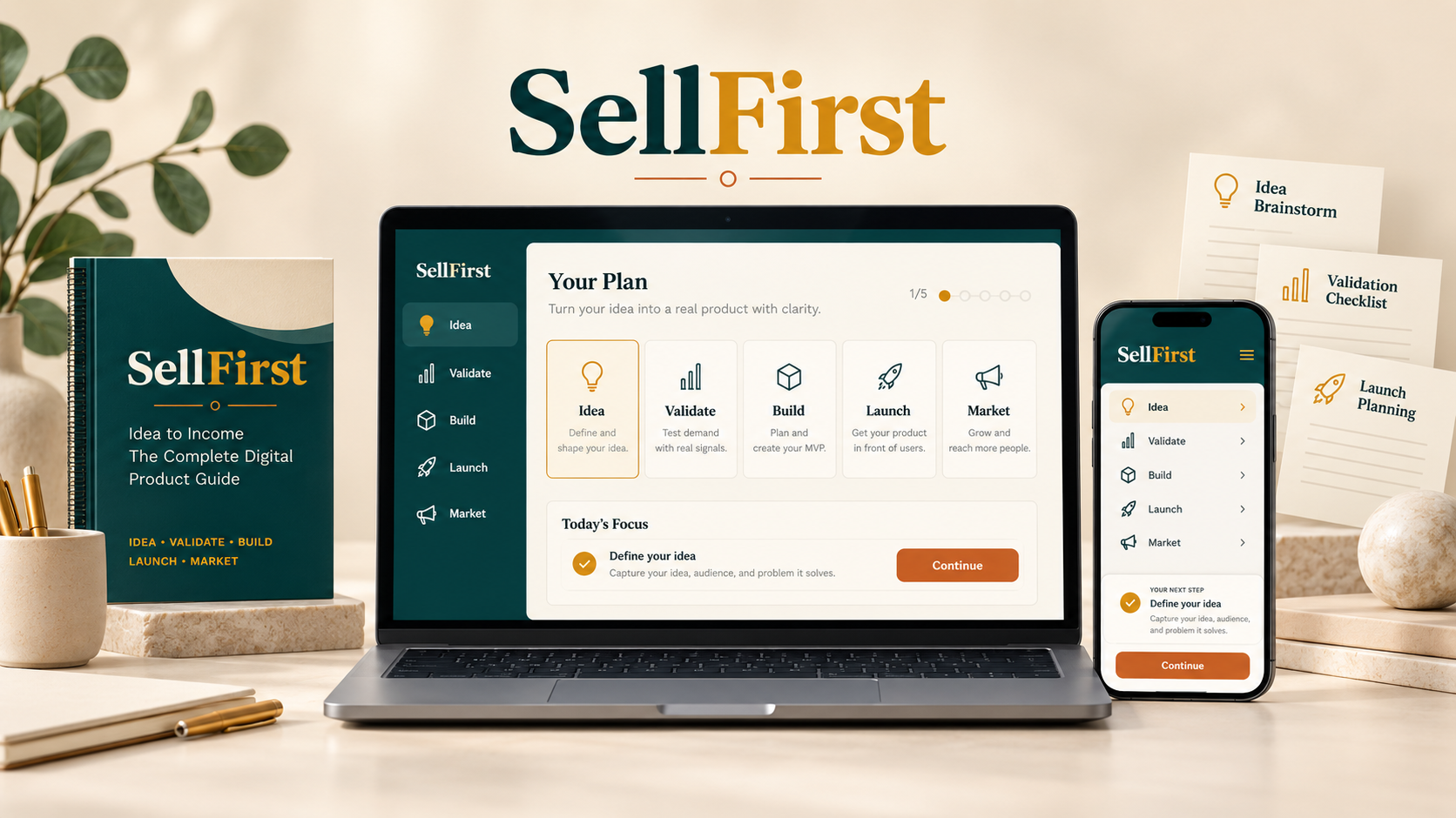 SellFirst guide displayed with its five-stage planning dashboard