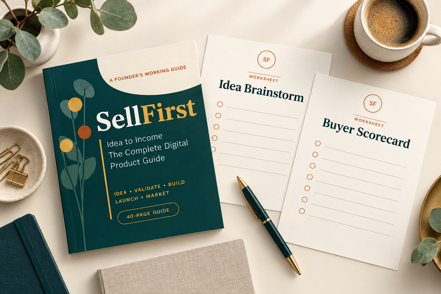 SellFirst guide with Idea Brainstorm and Buyer Scorecard worksheets